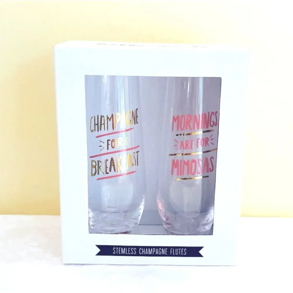 2 Stemless Champagne Mimosas Flute Glasses Hello World Gift Set About Face